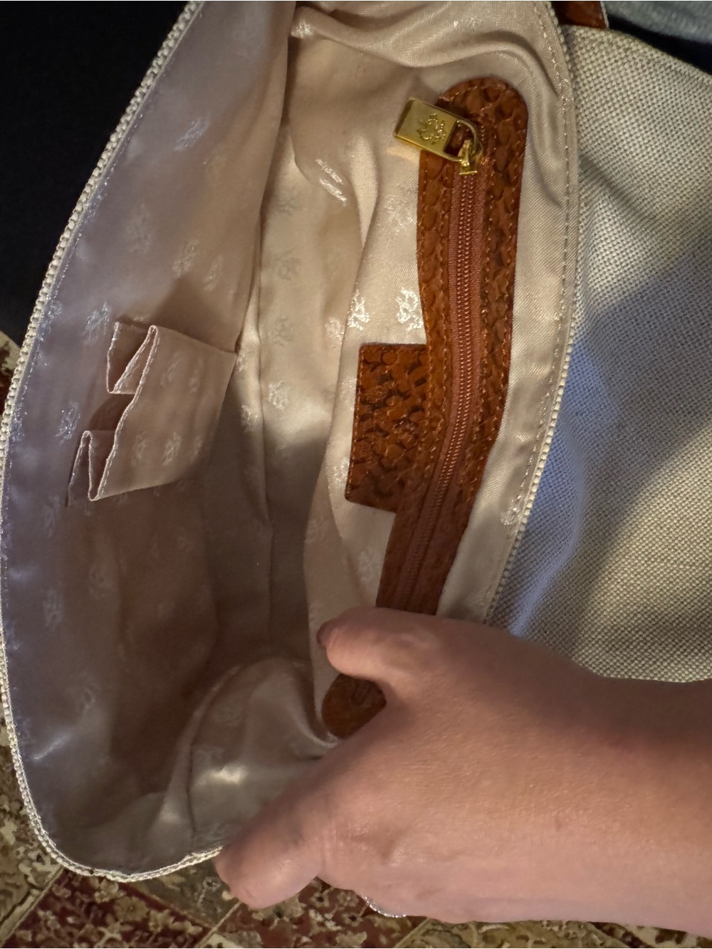 Canvas and Brown Snake Skim-Trim Shoulder Bag - Picture 3 of 4